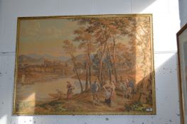 A large tapestry picture depicting figures in a woodland setting by a lake.