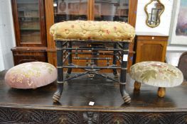 A faux bamboo stool and two round footstools.