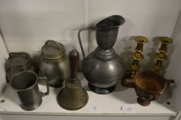 Various items of pewter, pair of brass candlesticks, a hand bell etc.