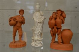 A pair of unusual small terracotta figures and a Chinese blanc de chine figure of Guanyin (head