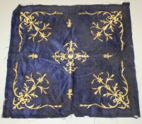 AN OTTOMAN GILT METAL THREADED BLUE VELVET TEXTILE, 81cm x 84cm.