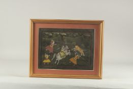 AN INDIAN PAINTING ON TEXTILE, depicting a hunting scene, framed and glazed, image 21cm x 28cm.