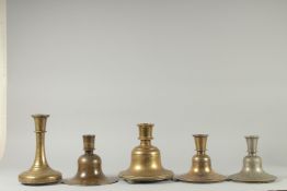 A COLLECTION OF FIVE 18TH-19TH CENTURY INDIAN BRASS HUQQA BASES, various sizes, (5).