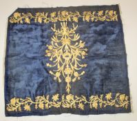 AN OTTOMAN GILT METAL THREADED BLUE VELVET TEXTILE, 82cm x 78cm.
