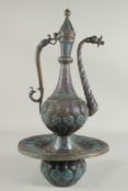 A FINE 19TH CENTURY LARGE INDIAN KASHMIRI ENAMELLED COPPER EWER AND BASIN, ewer 45cm, basin 29cm