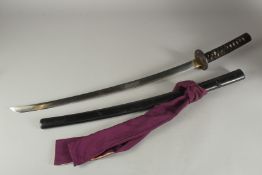 A JAPANESE MEIJI KATANA WITH SIGNED BLADE, cast iron tsuba, shakudo fuchi, kashira and menuki,