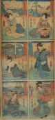 A JAPANESE SIX-PANEL ORIGINAL WOODBLOCK PRINT, framed and glazed, 35cm x 16cm.