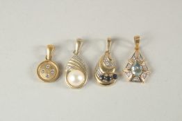 FOUR VARIOUS 18CT GOLD DIAMOND AND PEARL PENDANTS.