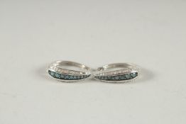 A PAIR OF 18CT WHITE GOLD SAPPHIRE AND DIAMOND HOOP EARRINGS.