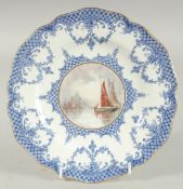 A ROYAL CROWN DERBY PLATE the centre painted in colour with sailing vessels by W.E.J. DEAN..