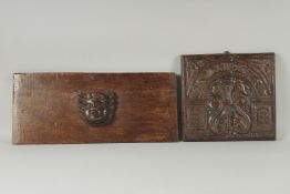AN EARLY CARVED CHERUB'S HEAD on a panel. 8ins x 20ins and AN EARLY CARVED WOOD PANEL, 16ins x 11ins