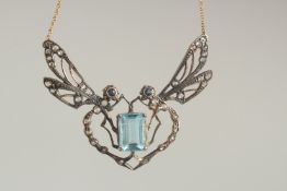 A DIAMOND AND AQUAMARINE DRAGONFLY NECKLACE.