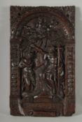 A VERY GOOD ARCHED CARVED OAK PANEL 
