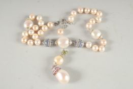 A SUPERB 18CT WHITE GOLD PEARL, DIAMOND AND SAPPHIRE NECKLACE.