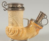 A GOOD GERMAN MEERSCHAUM AND SILVER MOUNTED PIPE carved with a deer, the silver mount engraved 