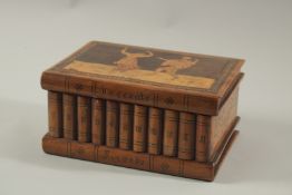 AN INLAID ITALIAN SORRENTO BOX, the lid with dancing figures, the front as eleven books. 9.5ins