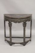 A CHINESE BLACK LACQUER AND GILT DECORATED DEMI-LUNE CONSOLE TABLE decorated with a river and