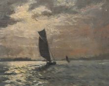 Late 19th Century, view of sailboats approaching land at dusk, oil on panel, 7.5