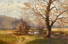 Arthur Bevan Collier (1832-1908) British, A wooden bridge over a stream with trees either side