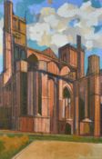 Jean Besnard, Circa 1970's, a scene of a cathedral in a city, oil on board, 48