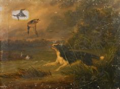 English School, Circa 1879, a huntsman and his Spaniel hunting ducks, oil on canvas, indistinctly