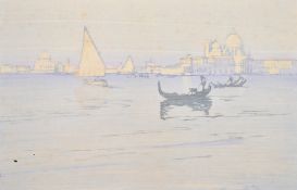 Ethel Kirkpatrick (1869-1966), figures in gondolas off Venice, colour woodcut, signed in pencil, 9.