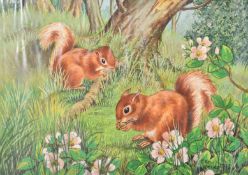 Ella Bruce (20th Century), a scene of two squirrels nutting, watercolour, signed, 4.75