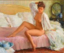 Konstantin Razumov (b. 1974), a female nude resting in her bedroom, oil on canvas, signed, 21.25 x