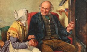 19th Century, An interior scene with an elderly couple seated holding hands, watercolour, 4.75