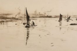 William Lionel Wyllie (1851-1931) Shipping near Rochester, engraving, signed in pencil, 8