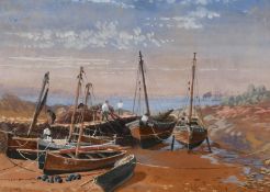 Frederick Alsop (fl.1869-1883), Moored sailing boats in an inlet with men working, thought to be