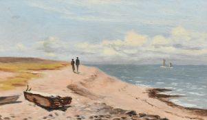 19th Century, A couple walking by the sea, oil on board, 4.5