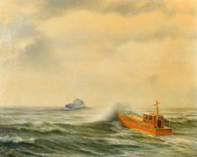 Sutcliffe, 20th Century, a tug boat on its way to meet a stricken vessel in rolling seas, oil on