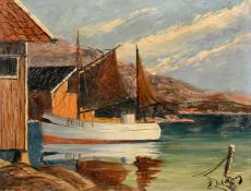 L. Johansson, a fishing vessel at anchor near a boathouse, oil on canvas, signed, 14.75