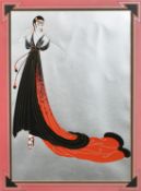 Erte (Romain de Tirtoff), a print of a lady in a flowing black and red dress, 21.75