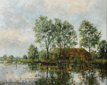 A. Van Noort, a boat amongst reeds with a riverside cottage beyond, oil on canvas, signed, 16