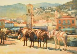 Dick Hart (1920-1990) A Continental harbour scene with donkeys, watercolour, signed and dated, 9.