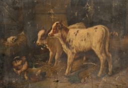 Becker (19th Century) Calves standing in a barn with chickens and a small dog curled up on a bed