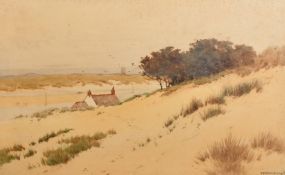 William Samuel Parkyn (1875-1949), cottage amongst dunes by an estuary, watercolour, signed, 11