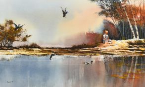 Peacock (20th Century), 'Flying Ducks', watercolour, signed, two small labels verso, 10.25