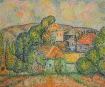 Manner of Georges Seurat, Buildings in a landscape, oil on canvas board, 21