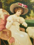 Herbert Blande Sparks (1870-1916), an elegant female in a flower adorned hat taking tea in a garden,