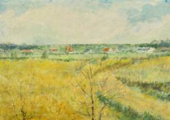 Early 20th Century English School, a view of oast houses in an open landscape, oil on board, 18