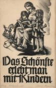 Josef Hagedorn (1914-2004), scene of a mother and her children, woodcut, signed and inscribed in