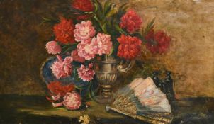 Mid-20th Century French School, a still life of flowers and a fan, oil on canvas, 24.5