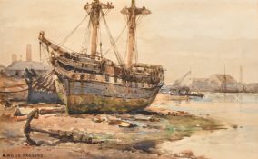 Arthur Wilde Parsons (1854-1931), boats beached in an estuary, watercolour, signed, 9.75