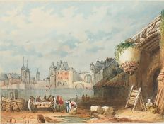 19th Century, French Revolution, a cannon emplacement across the river Seine, watercolour, 1.75