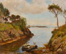 Samuel John Lamorna Birch (1869-1955), a coastal inlet with boats in a harbour beyond, oil on panel,