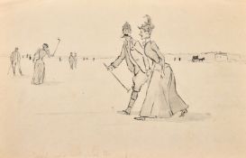 Early 20th Century, male and female figures possibly on a golf course, ink and wash, inscribed in
