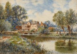 Alfred Augustus Glendenning, Fishermen and ducks on a riverbank near a mill, watercolour, signed,